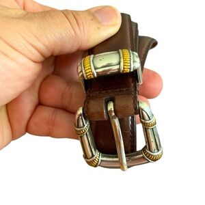 Fossil two tone buckle leather brown statement belt Sz M